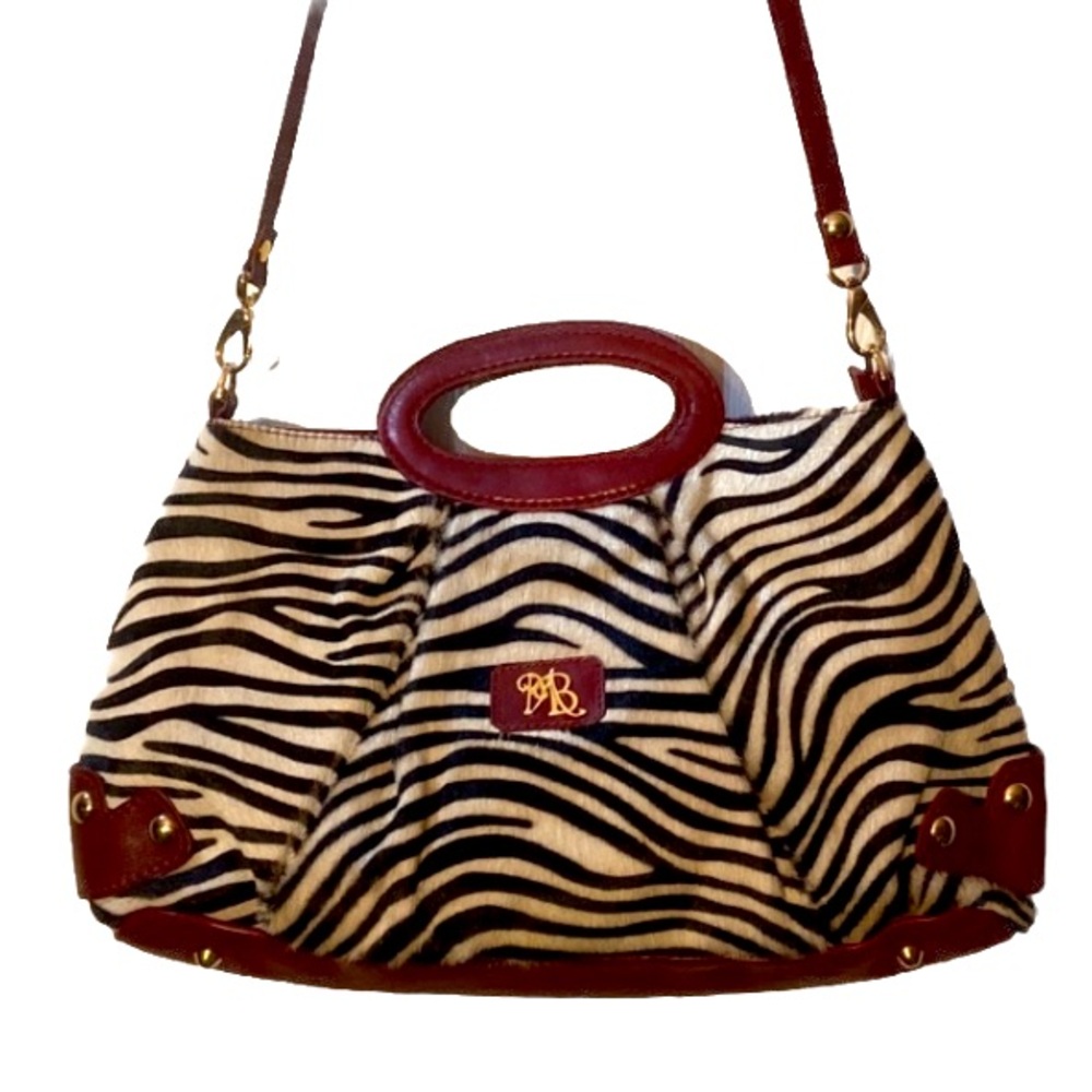 Marco Buggiani Cherry Red Leather Zebra Cowhide Satchel Bag Italy Shoulder Strap